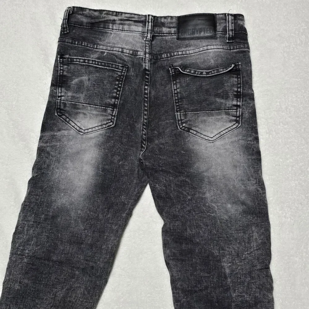 Encrypted Youth, Boys 18 Distressed Moto Biker Jeans Black Gray Acid Wash Pants
